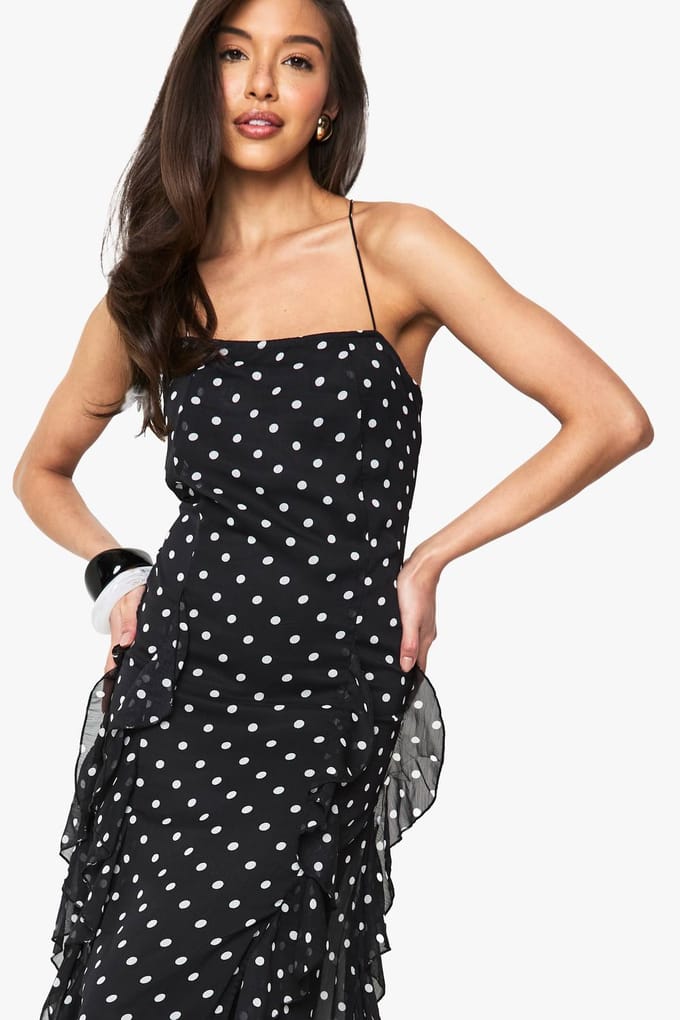 boohoo Dames Polkadot Crinkle Midaxi Jurk | Black | Maat: 16