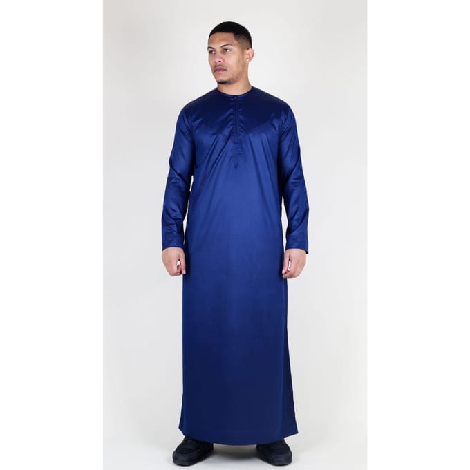 Marineblauwe Thobe-robe voor heren, satijn, Emirati islamitische Jubba Eid, slim fit