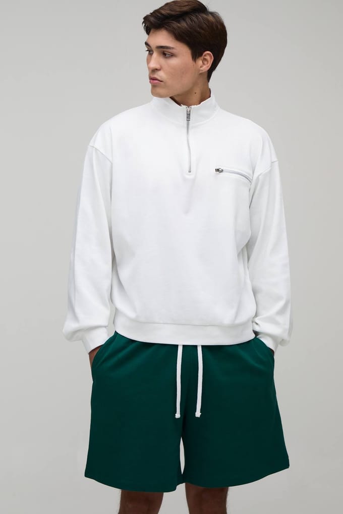 Oversized Boxy Quarter Zip Funnel Neck Loopback Sweatshirt And Short Set | Forest | Size Medium