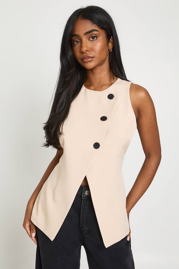 boohoo Dames Hoog Wikkel Contrast Knopen Gilet | Steen | Maat: 40