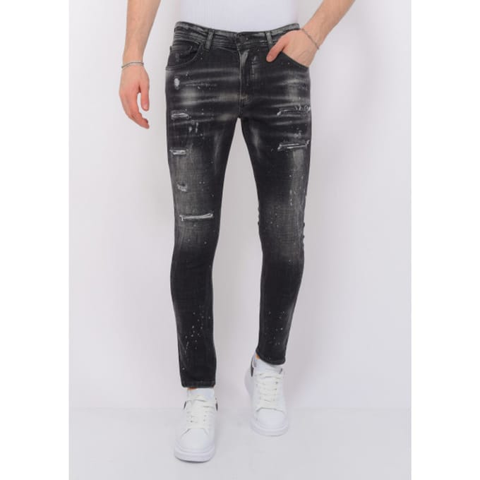 Paint Splatter Destroy Jeans Stonewash Heren - Slim Fit -1084- Zwart