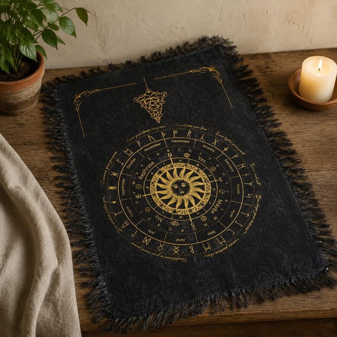 Ancient Witch Pendulum Divination Cloth - Sun Face - Black & Gold