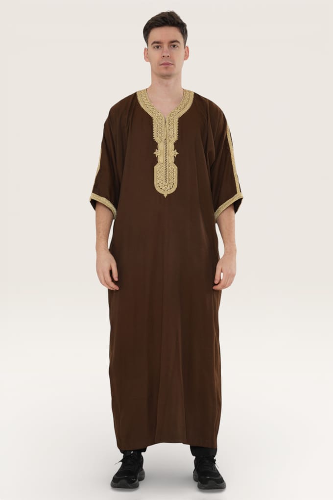 Mens bruin Ramadan Marokkaanse Thobe gewaad Djellaba Gandoura Eid Jubba LFS-HM67