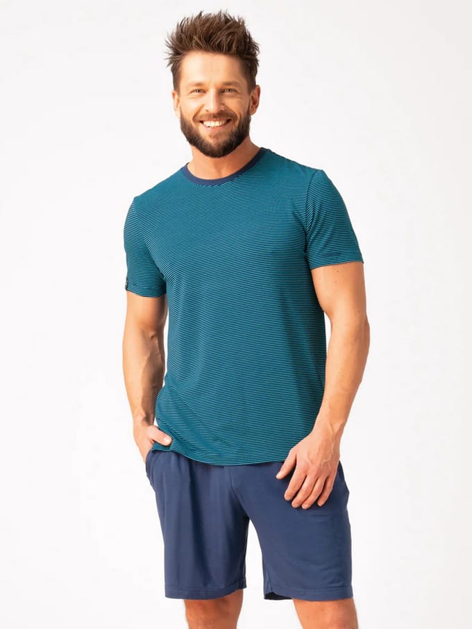 Key Bamboe Heren Pyjama Korte Mouw Streepprint Turquoise Blauw MNS 320 4XL