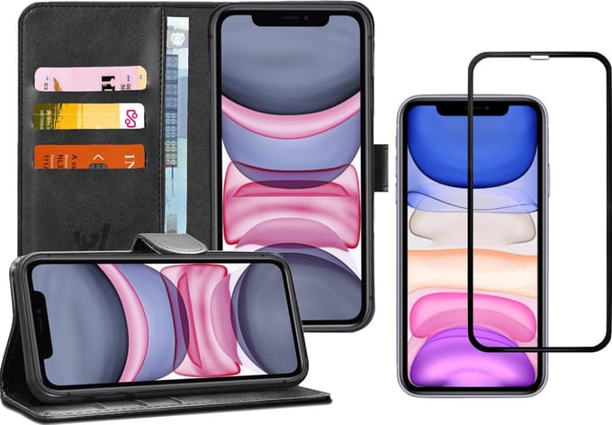 Hoesje geschikt voor iPhone 11 - Screen Protector FullGuard - Book Case Kunstleer Pasjeshouder Zwart & Screenprotector