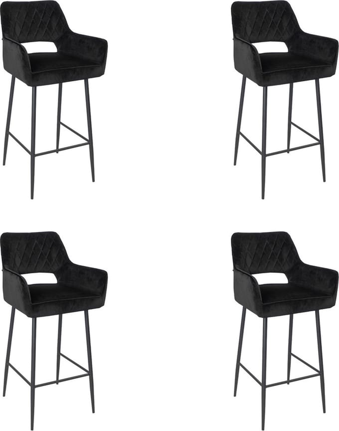 Bronx71® Velvet barkruk Mika zwart 78 cm - Barkrukken set van 4 - barstoel