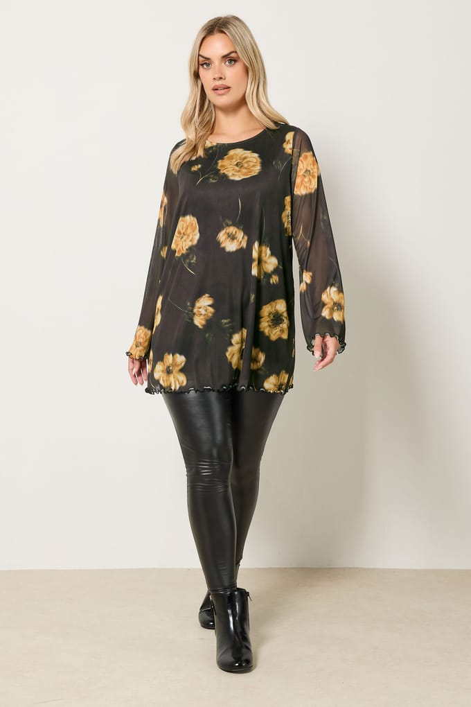 Yours Bruine Bloemen Mesh Swing Top Size 42