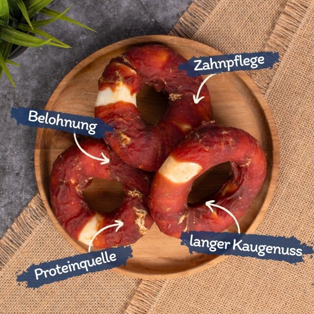 1 - 10 kg Lyra Pet® kauwringen met reepjes eendenborst
