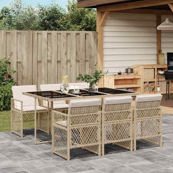 vidaXL - 7-delige - Tuinset - met - kussens - poly - rattan - beige