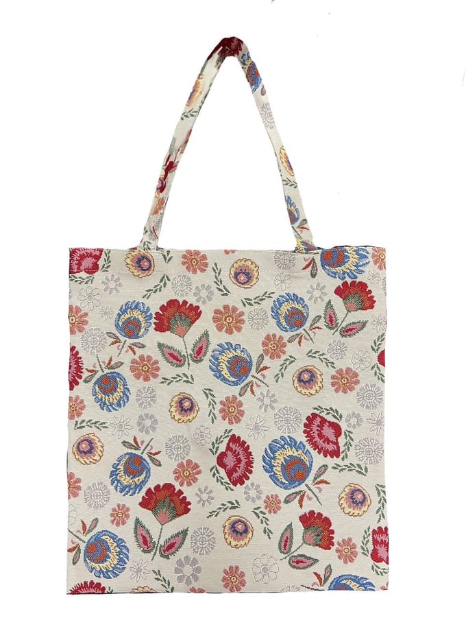 Boodschappentas - Flat bag - Folklore bloemen - Creme achtergrond