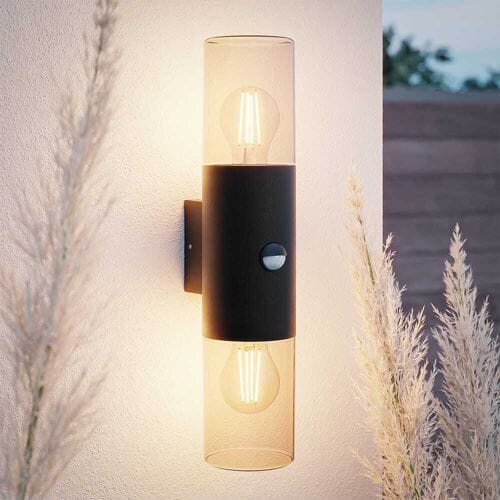 HOFTRONIC Blaze - LED Wandlamp - Incl. Schemerschakelaar & Bewegingssensor - Up & Down light - E27 Fitting - IP44 Waterdicht - Smokey glas