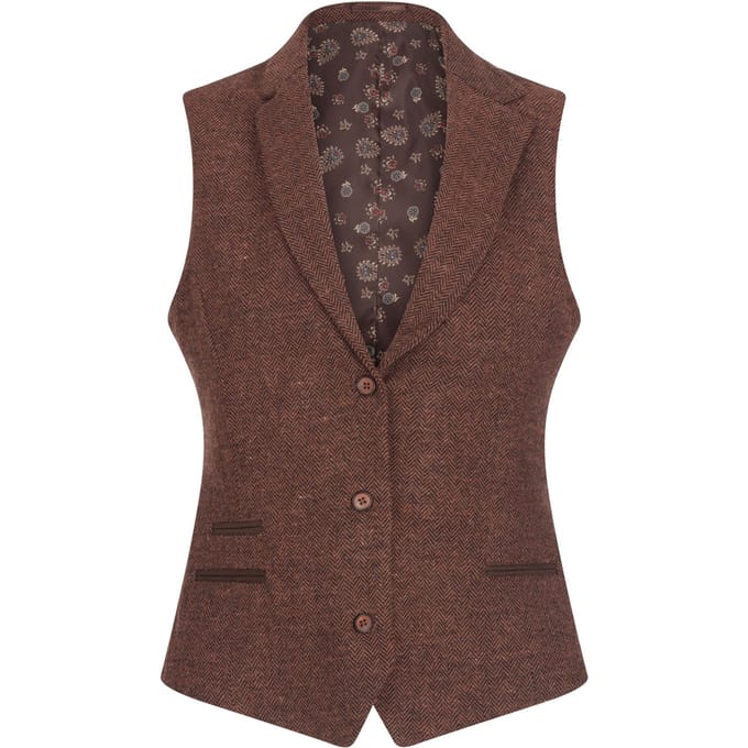 Dames roestbruin visgraat wollen tweed gilet met ruitjesmotief