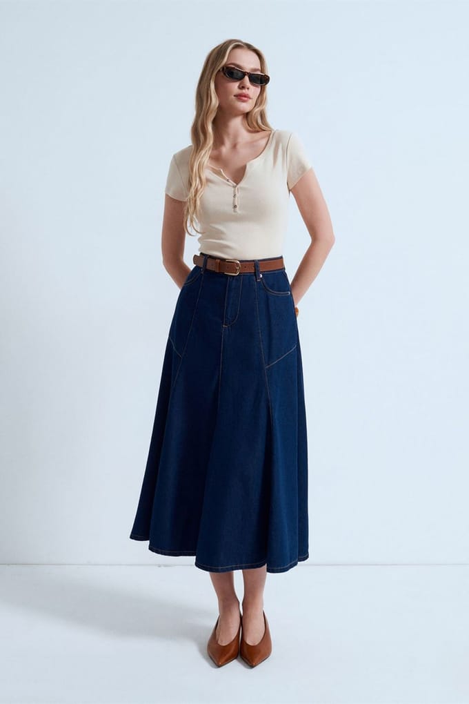 Hoge Taille Midi A-Lijn Denim Rok