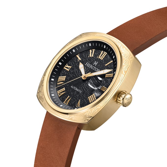 Heritor Automatic Davenport horloge met gegraveerde kast, leren band en datum - goud/bruin