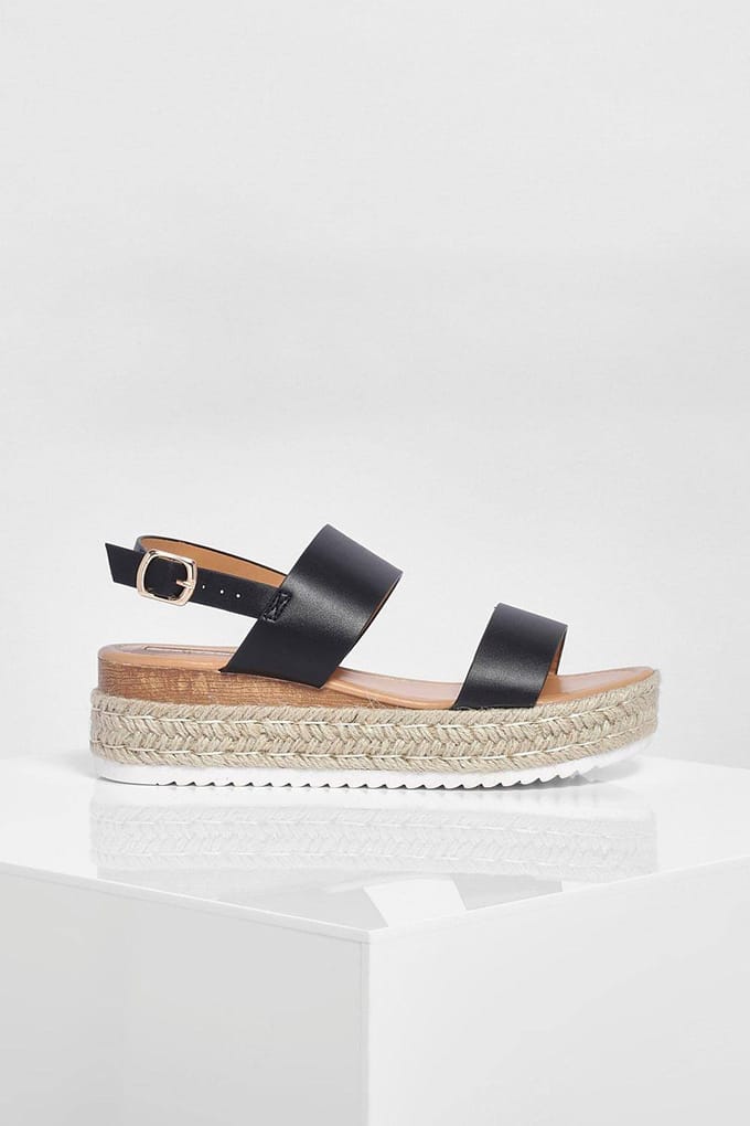 boohoo Dames Double Strap Espadrille Flatforms | Black | Maat: 8
