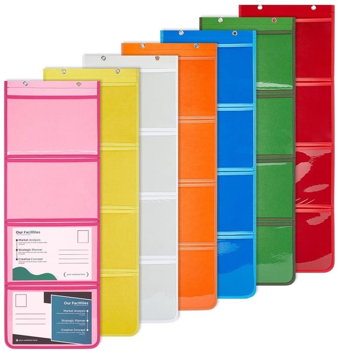 Dailygoods- Pocket Chart 7 Kleur - Organizer Klaslokaal - Muur Organizer - School/Office - 90 x 30 cm - Kleurgecodeerde Opslag