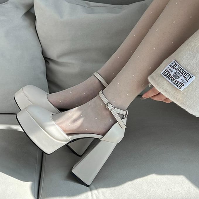 Mode Femme Talons Super Hauts 12CM Talons Carrés Plateforme Chaussures Mary Jane 38 beige