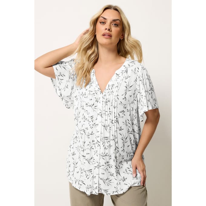 Yours Witte Blouse Met Bladprint En Plooien Size 44