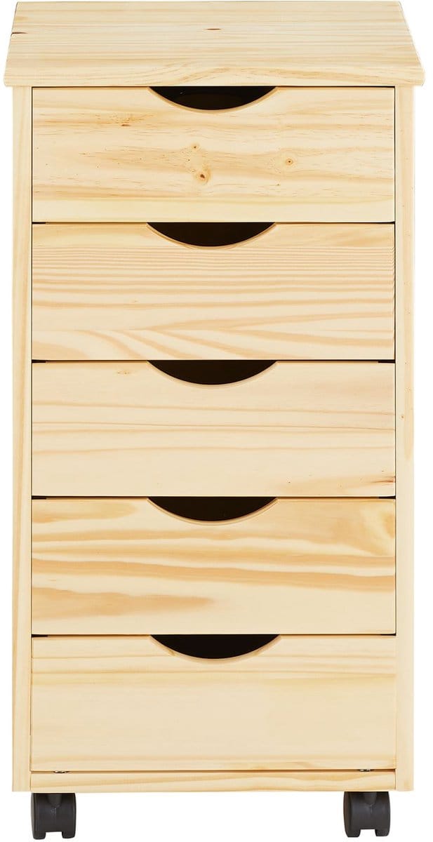 LAGOS-rolcontainer met 5 lades van massief hout – naturel