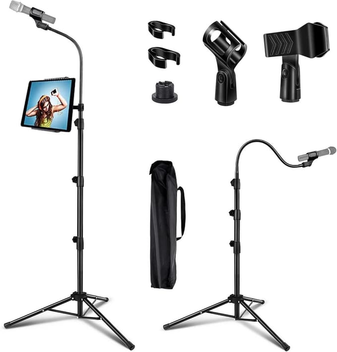 Draagbare Microfoonhouder met Telefoonhouder - Verstelbaar Zwanenhals Statief van 0,9 tot 1,8 m - Inclusief Microfoonclips