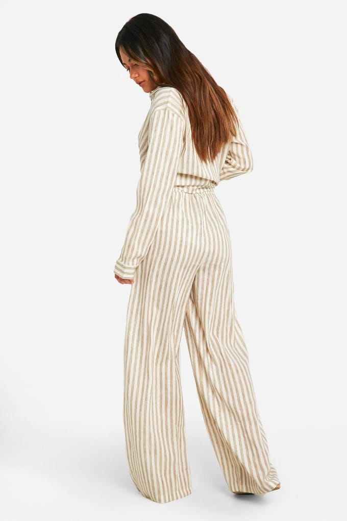 boohoo Dames Stripe Linen Look Wide Leg Trousers | Ecru | Maat: 42
