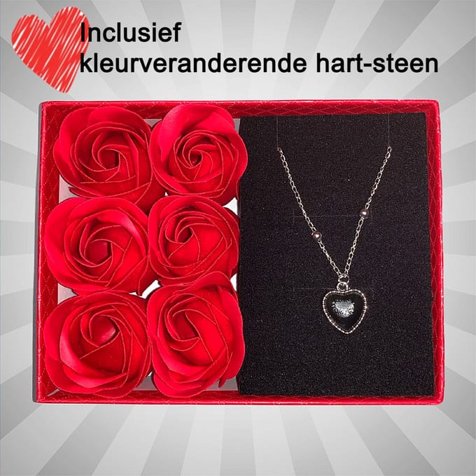 Allernieuwste.nl® Luxe Rode Giftbox + 6 Rode Zeeprozen en Stemmings Harten Ketting - Cadeauset