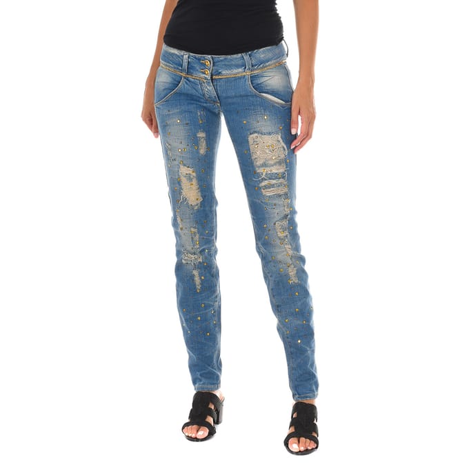 Lange denim broek versleten en gescheurd effect 10DB50128 vrouw