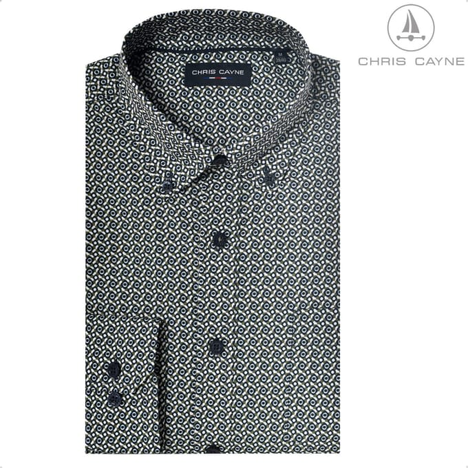Chris Cayne overhemd lange mouw - M - navy-groen - borstzak