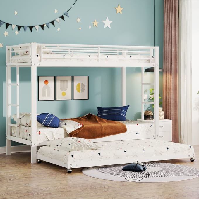 Gutent Kinderstapelbed, bed met Ijzeren Frame, Wit (Zonder matras), 90*200 cm, met Uitschuifbaar bed, Hoge relingen, stevige constructie