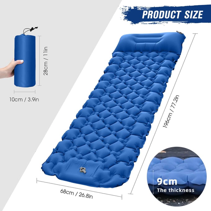 Lichtgewicht kampeermat met luchtkussen, draagbaar luchtbed, waterdichte slaapmat voor backpacken blauw