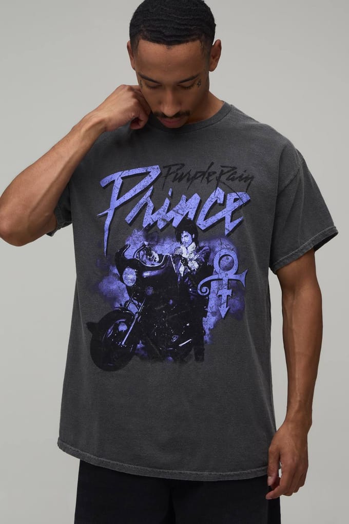 Gewassen Oversized Purple Rain Prince Licentie Print T-shirt | Washed Charcoal | Size Small