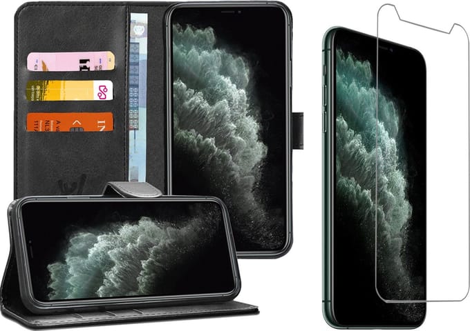Hoesje geschikt voor iPhone 11 Pro - Screen Protector GlassGuard - Book Case Kunstleer Pasjeshouder Zwart & Screenprotector