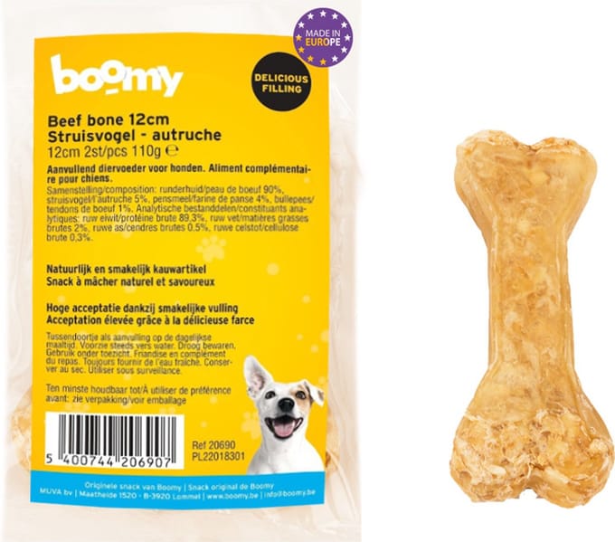Boomy - Hondensnacks - Kauwbotten hond - Beef Bone met struisvogel en collageen - 12cm - 2 x 2st