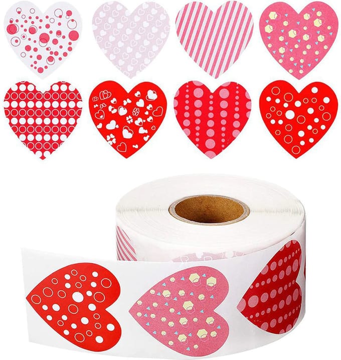 DW4Trading Stickerrol Rode Gestreepte Hartjes - Sluitstickers - Ø 2,6 cm - 500 Stuks