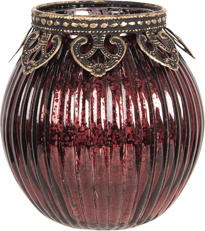 Clayre & Eef Theelichthouder Ø 9x9 cm Rood Goudkleurig Glas