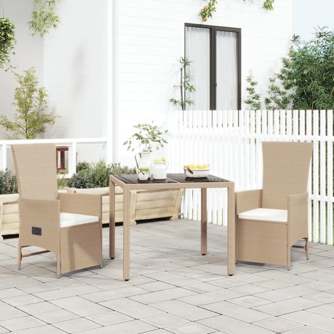 vidaXL - 3-delige - Tuinset - met - kussens - poly - rattan - beige