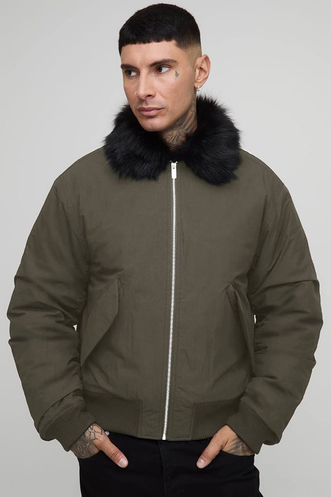 Tall Faux Fur Collar Regular Fit Bomber Jacket | Khaki | Size Medium