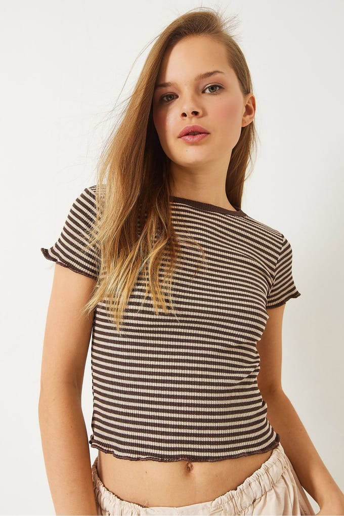 Gestreepte Geribbelde Crop Top met Ronde Hals