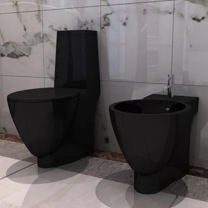 vidaXL Toilet- en bidetset keramiek zwart