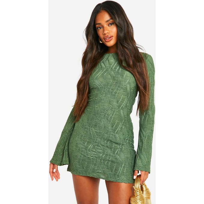 boohoo Dames Textuurlijke mini-jurk met flare mouwen | Green | Maat: 14