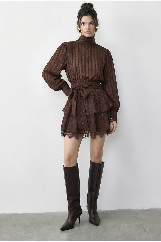 Textured Mini-jurk met Halve Col en Stofdetail