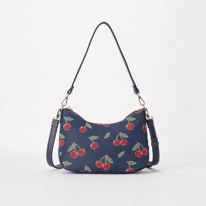 Moon-Shaped Handtas – Cherry – Kersen – Blauwe Achtergrond – Gobelinstof – Signare