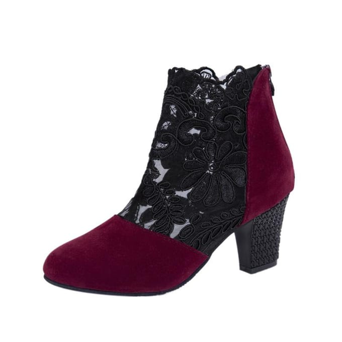 Chaussures de Mode Femme Dentelle Maille Talon Épais Décontracté Talons Hauts Bottes 36 rouge vin
