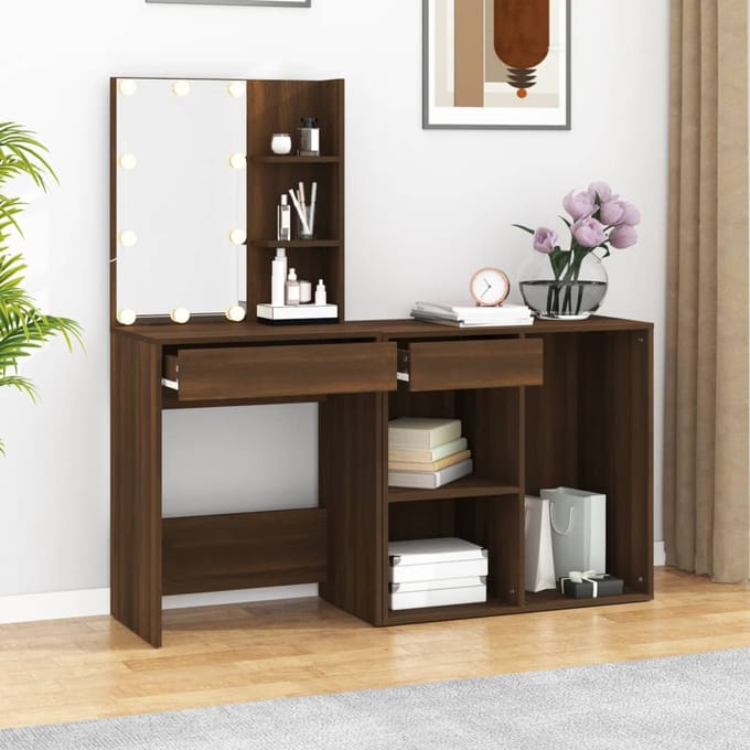 vidaXL - Kaptafel - met - kastjes - LED - bewerkt - hout - bruin - eikenkleur