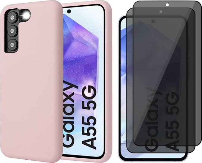 Hoesje geschikt voor Samsung Galaxy A55 - 2x Privacy Screenprotector Volledig Dekkend Glas - Mat Back Case Roze