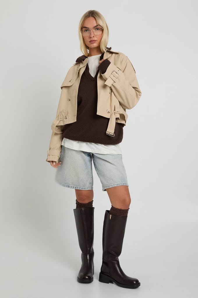 boohoo Dames Gordelde korte trench | Steen | Maat: 42