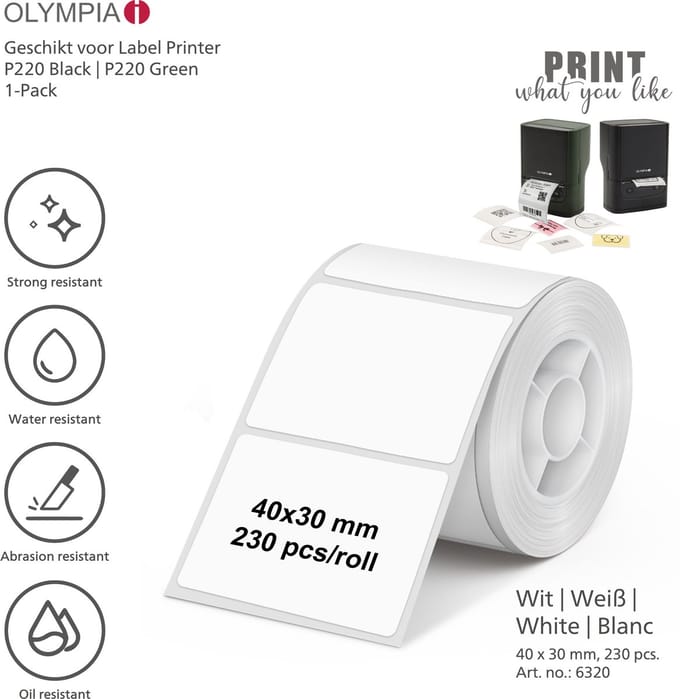 Olympia Thermische etiketten OL6320 - 40 x 30 mm - Wit - 230 pcs. - Thuis | Kantoor | Hobby - 1-Pack