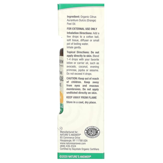 Nature'S Answer, Organic Essential Oil, 100% Pure Orange, 15 Ml (0.5 Fl Oz)