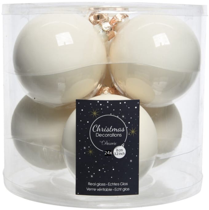 Decoris Kerstballen - 24x st - wol wit - 8 cm - glas - kerstversiering