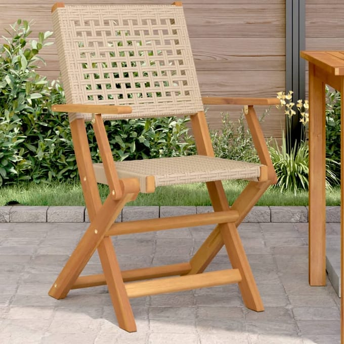 vidaXL - Opklapbare - stoelen, - 2 - stuks, - beige, - massief - acaciahout - en - polyrotan.